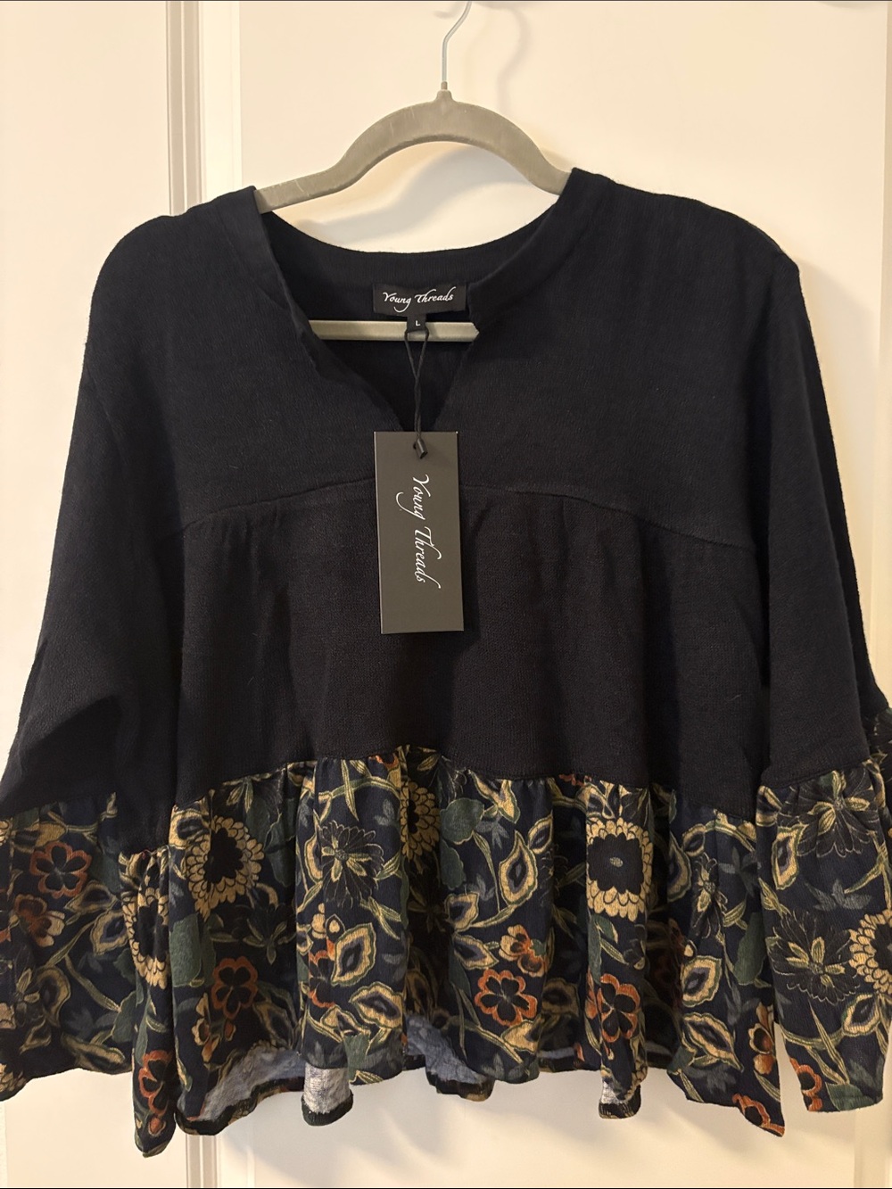 Young Threads Women's Black Floral Tiered Tunic
